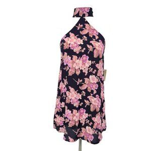 New Flynn Skye Mini Halter Dress Womens M Pink Black Blossom Tunic Top Choker